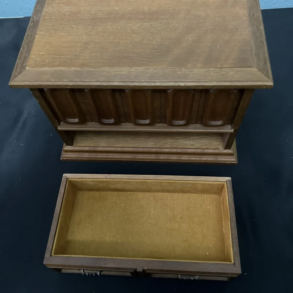 Vintage 60's Mele Wood Jewelry Chest Box Flip Up Lid / 2 Drawers Made In Taiwan‎